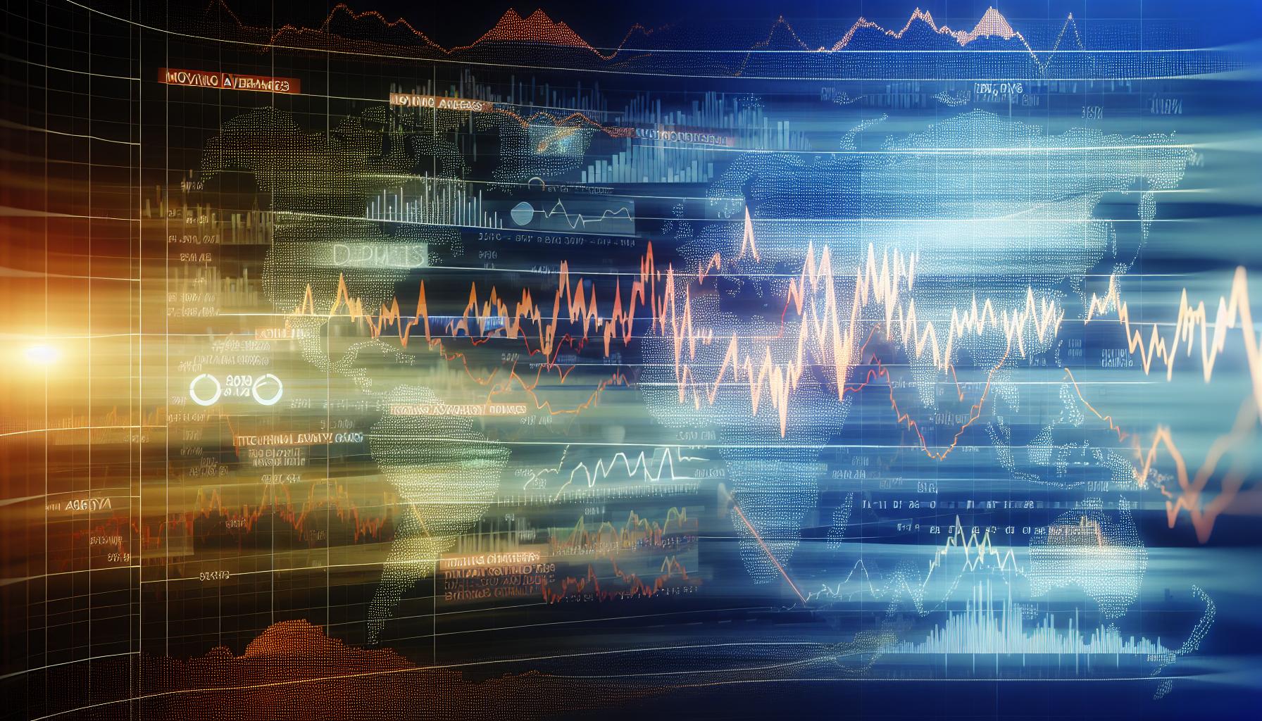 A detailed image of various market indicators being analyzed such as moving averages, volume, and oscillators, along with global economic trends, tech